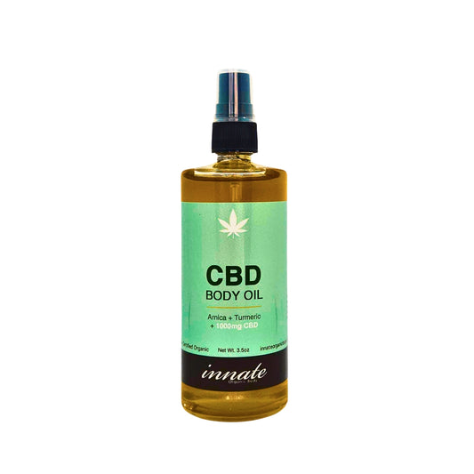 CBD body oil bottle with green label and black spray nozzle on a white background