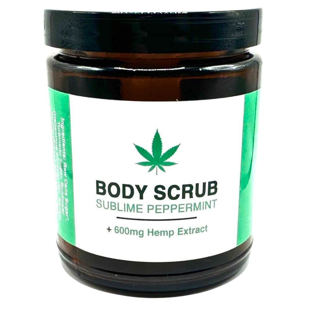 Jar of body scrub with cannabis leaf label on a white background