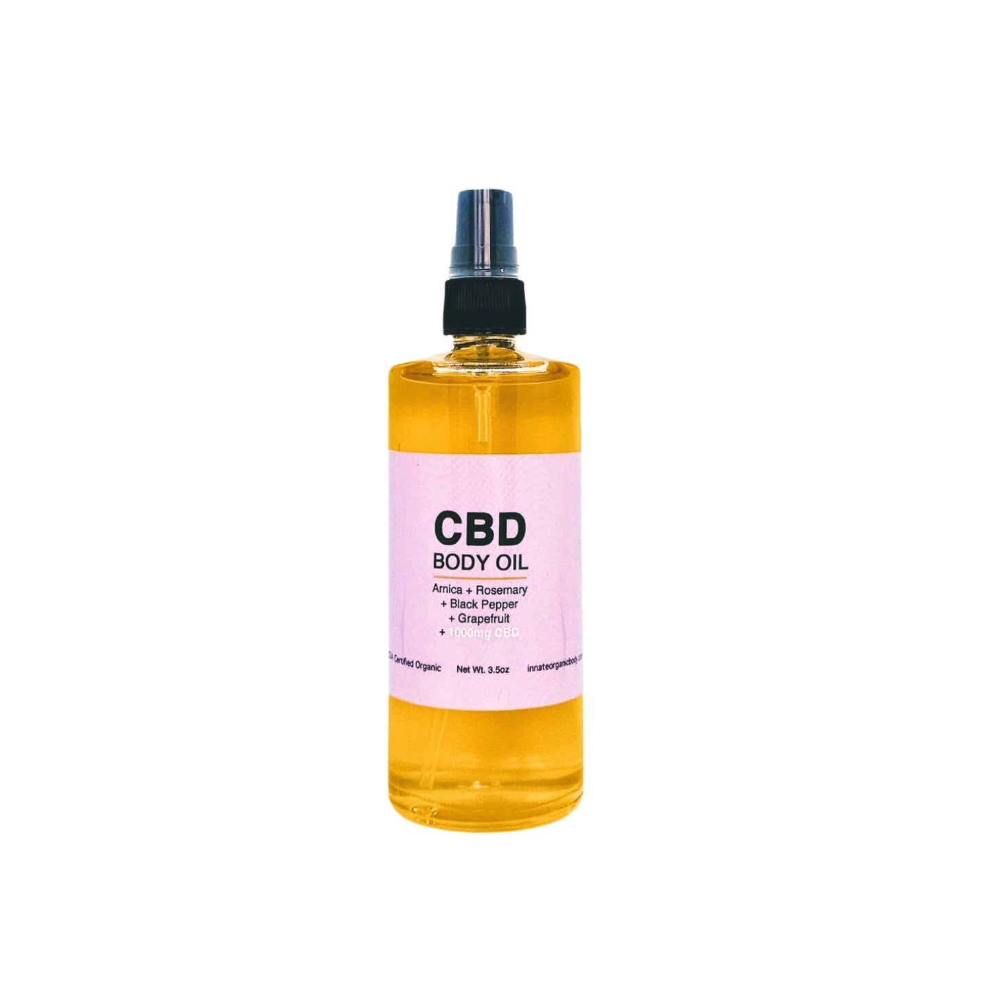 CBD body oil bottle with a pink label on a white background